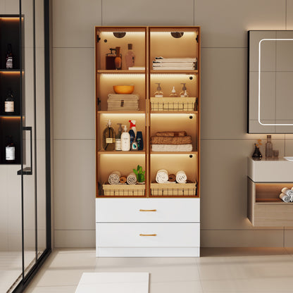 Badezimmerschrank, mittel, mit Lichtleiste, 75 cm breit, mit 2 großen Schubladen und 2 Türen, Glastür