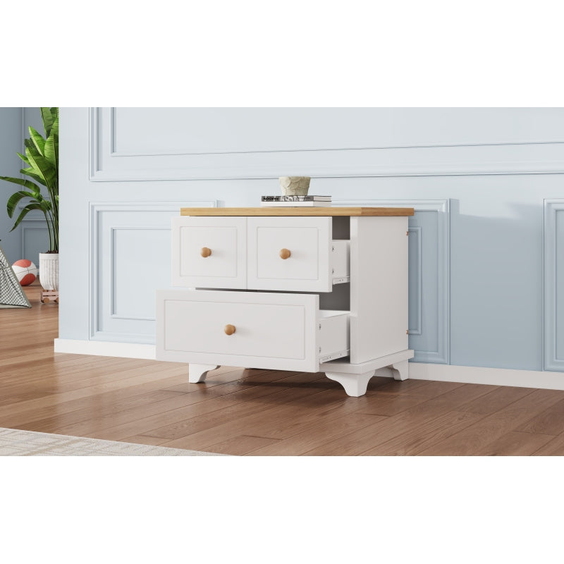 Nachttisch mit 2 Schubladen, geräuschlosen Gleitern, Schön gearbeitete Füße, Stauraum im Wohnzimmer und Schlafzimmer, MDF+Spanplatte, Weiß+Natur