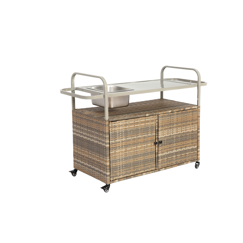 Outdoor Bar Table, Wicker Bar Cart with Cabinet, Patio Serving Cart with steel Top, with one ice bucket,Lockable Wheels, Side Basket for Garden, Poolside & Backyard, Beige