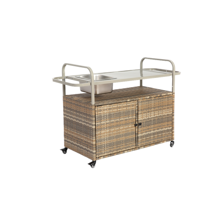 Outdoor Bar Table, Wicker Bar Cart with Cabinet, Patio Serving Cart with steel Top, with one ice bucket,Lockable Wheels, Side Basket for Garden, Poolside & Backyard, Beige