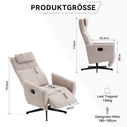 Bequemer Relaxsessel mit Liegefunktion – Chenille Fernsehsessel mit Fußstütze, drehbarer Stillsessel & Loungesessel für Wohnzimmer, modernes Sofa, Grau