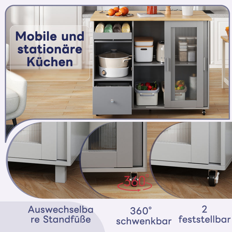 112×46(69)×91cm, klappbarer Kücheninselwagen, Eichenholzfurnier, Weinregal, Schubladen, großer Kücheninselwagen mit Schiebetüren aus gehärtetem Glas und verstellbaren Einlegeböden, mobiler Inselwagen