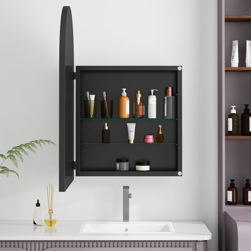 Stylish Arched Mirror Cabinet, Recessed Medicine Cabinet, Wall Cabinet with Metal Framed, Mirror and Adjustable Shelves, Mirror Cabinet with Storage for Bathroom, Living Room and Bedroom, Black