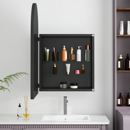 Stylish Arched Mirror Cabinet, Recessed Medicine Cabinet, Wall Cabinet with Metal Framed, Mirror and Adjustable Shelves, Mirror Cabinet with Storage for Bathroom, Living Room and Bedroom, Black