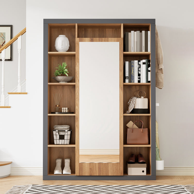 Garderobengestell mit Spiegel, Multifunktions Garderobe und Vitrine, Bücherregal Kombination mit Abtropfschale, Haken und Kleiderbügeln