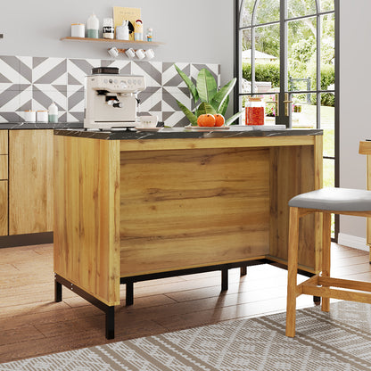 Kücheninsel 120x75 cm (Eiche & Marmor-Optik), Küchentheke mit Sitzplatz, 2 Schubladen, Metallgestell