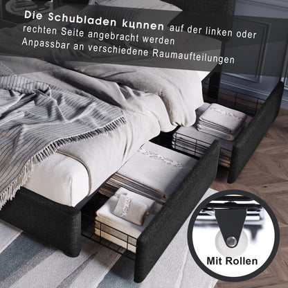 Polsterbett 90x200 cm Schwarz mit LED & 2 Schubladen - Einzelbett inkl. Lattenrost, Verstellbares Kopfteil & Stauraum (Ohne Matratze)