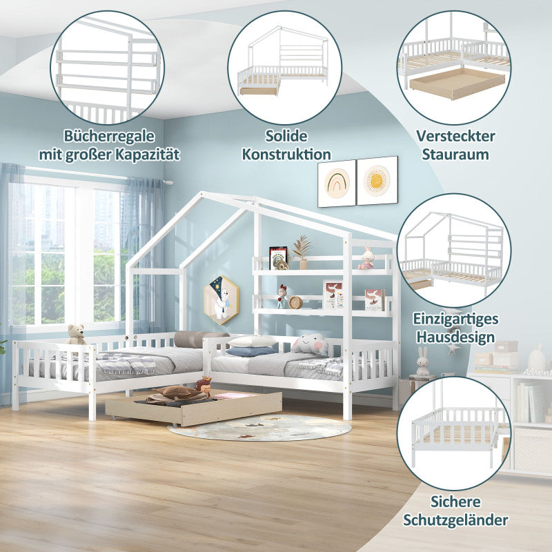 Kinderbett Hausbett mit Schubladen und Regalen, Massivholz mit Zaun und Lattenrost, L-Struktur, Weiß (90x200 cm+140x70cm)