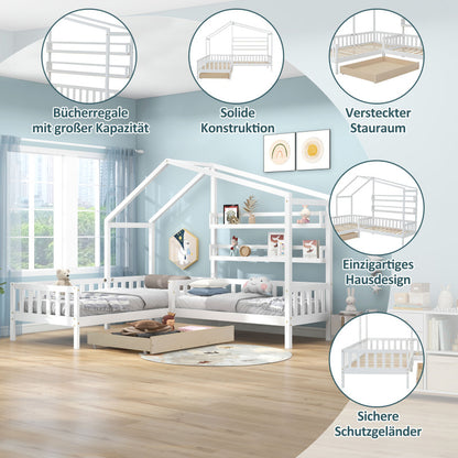 Kinderbett Hausbett mit Schubladen und Regalen, Massivholz mit Zaun und Lattenrost, L-Struktur, Weiß (90x200 cm+140x70cm)