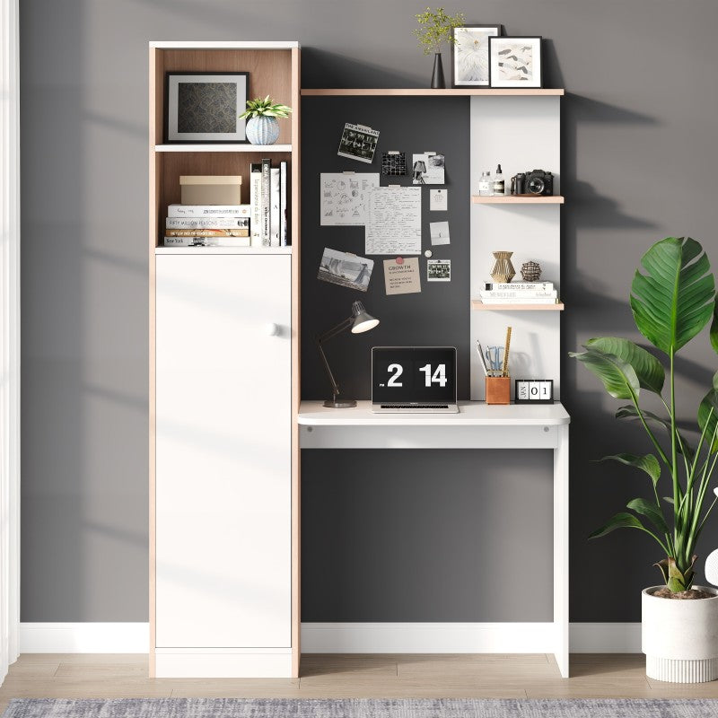 Arbeitstisch/Schreibtisch mit Aufbewahrung – Weiß mit Stabholzkontrast, unterer Schrank mit Türen und oberes offenes Regal, Büro-Design