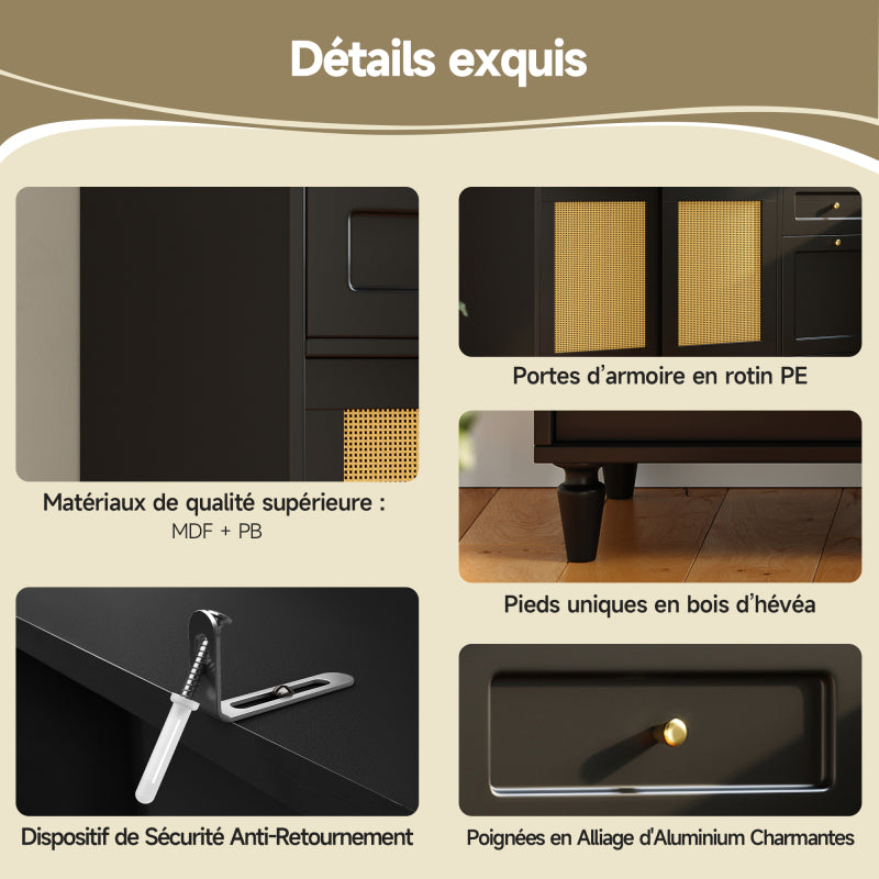 Küchenschrank, Esszimmerschrank mit 3 Schubladen,Sideboard mit LED-Beleuchtung, PE-rattan, schwarz