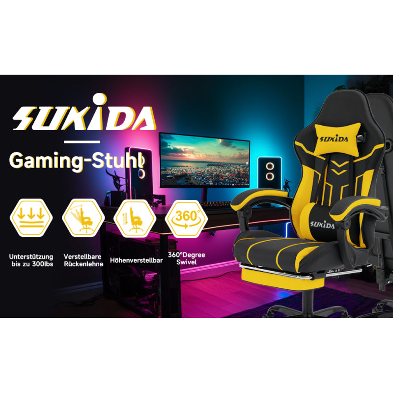 Gaming Stuhl Computerstuhl Ergonomischer Gaming Chair mit Fußstütze Bürostuhl Ergonomischer Computerstuhl mit Lendenwirbelstütze Blackyellow