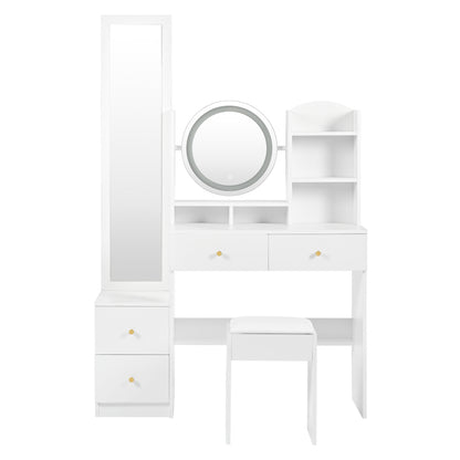 4-in-1 Schminktisch,Make-up Tisch,mit Ganzkörperspiegel und drehbarem Tischspiegel, Weiß