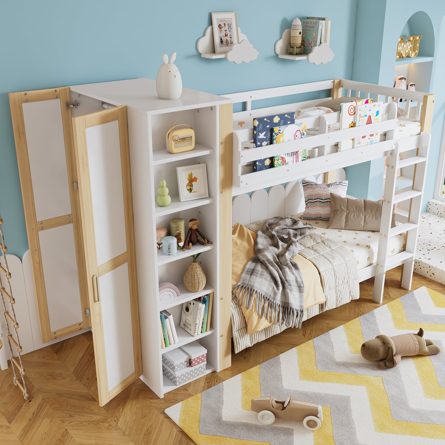 Etagenbett, Kinderbett mit Fallschutz und Gitter, mit 4-stufiger Leiter, 6 offenen Regalen, Kleiderschrank seitlich, Reichlich Stauraum,  Kiefer+PB, Weiß+Natur,  90x200cm