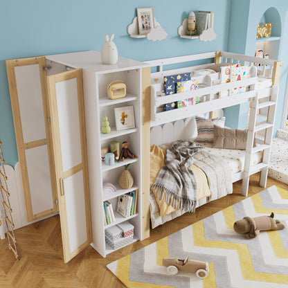 Etagenbett, Kinderbett mit Fallschutz und Gitter, mit 4-stufiger Leiter, 6 offenen Regalen, Kleiderschrank seitlich, Reichlich Stauraum,  Kiefer+PB, Weiß+Natur,  90x200cm