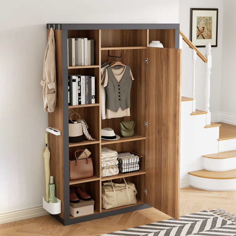 Garderobengestell mit Spiegel, Multifunktions Garderobe und Vitrine, Bücherregal Kombination mit Abtropfschale, Haken und Kleiderbügeln