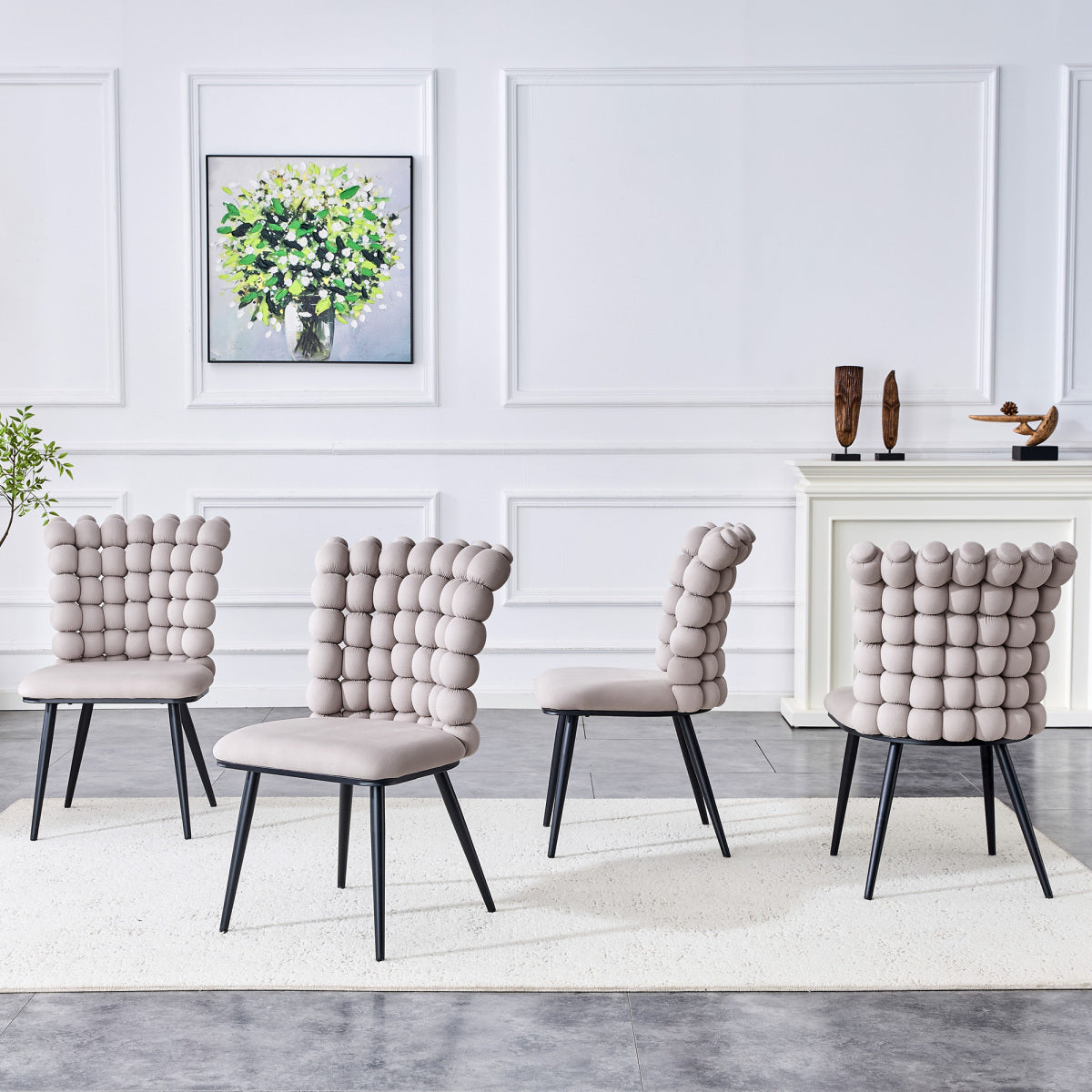 Esszimmerstuhl Samt Hellgrau, Kugelketten-Design, Schwarz-Metallbeine, Modern