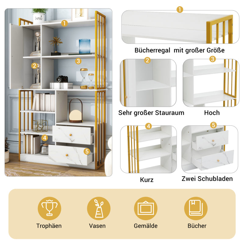 Bücherregal, 6 Regal Bücherregal mit mit Türen und  Schubladen industrielle Bücherregal, Stahlregal, weiß marmoriert mit Goldrahmen