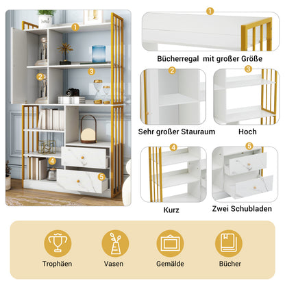 Bücherregal, 6 Regal Bücherregal mit mit Türen und  Schubladen industrielle Bücherregal, Stahlregal, weiß marmoriert mit Goldrahmen