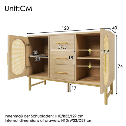 Rattan kommode mit 3-Schubladen und 2-Rattan-Türer,kommode schrank, Schminktisch, für Schlafzimmer und Wohnzimmer, Verstellbare Regale, Kippschutz, 120 x 40 x 74 cm, Sonoma Eiche