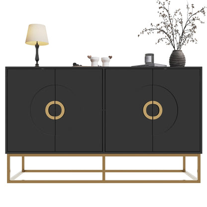 Esszimmerschrank (140×40×83cm), Esszimmer-Wohnzimmer-Aufbewahrungsschrank, einzigartiges Design, Schranktürdesign, freistehender Schrank, Minimalistisches Sideboard,Rundzugring Schranktür,Schwarz