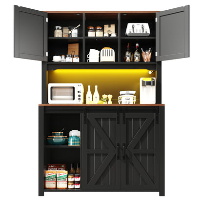 Küchenschrank 115x40x174,7cm hohes Sideboard Schwarz mit App-LED-Beleuchtung, X-Design Schiebetüren, 2 Schubladen & Magnetklappen