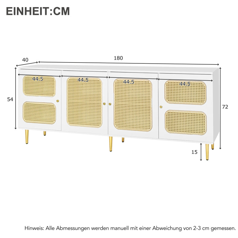Eleganter Weißer Rattan-TV-Schrank 180x40x72 cm - Mit 4 Rattantüren, Höhenverstellbaren Regalen und Kabelmanagement, Für bis zu 80 Zoll Fernseher,TV-Schränke,Lowboards