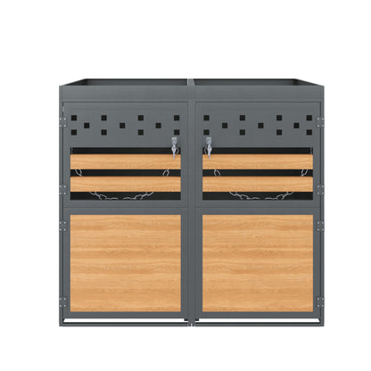 Mülltonnenbox 2er mit Pflanzdach, 120-240 Liter, Anthrazit  Tür in Holzoptik inkl. Erweiterungsmöglichkeit ,Aufbewahrungsbox für Mülltonnen, Müllbox (Das Produkt enthält keinen eingebauten Mülleimer)