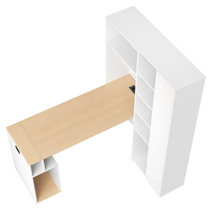 Klappbarer Schreibtisch mit Ablagen –2-in-1-Bücherregal und Schreibtisch, klappbar, mit Steckdose und USB-Anschluss, Kippschutz, weiß
