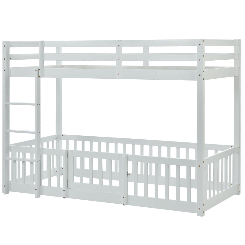 Etagenbett mit rechtwinkliger Treppe, Bett mit Zäune und Türchen, Kinderbett mit Fallschutz und Gitter, Massivholz, weiß (200x90cm)