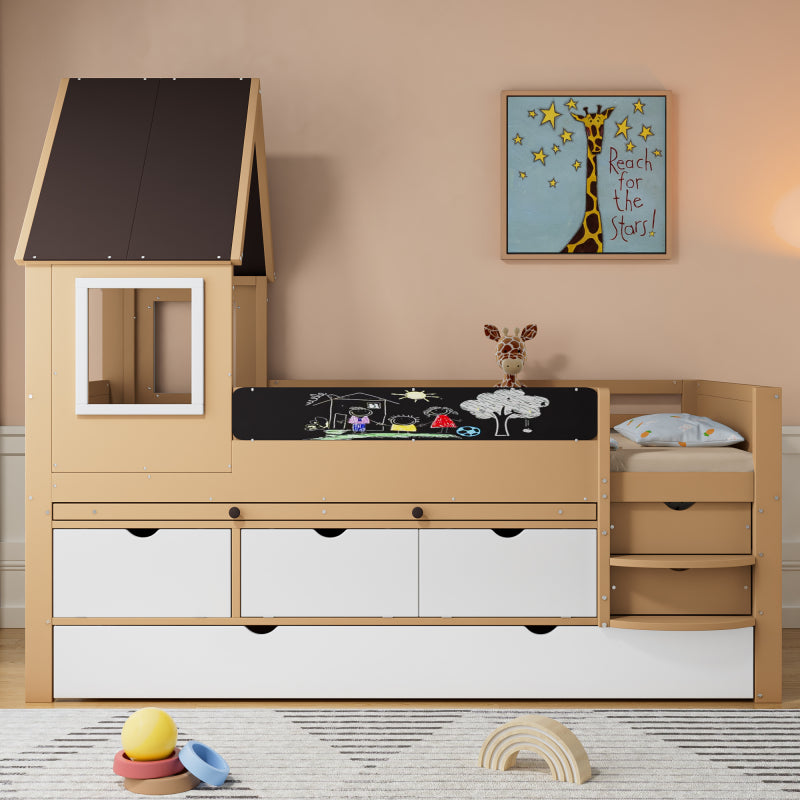 Etagenbett, Baumhausbett mit Schubladen und Ausziehbett, Mit Ausziehtisch, Reichlich Stauraum, Holzbett mit Fenster, Rahmen aus Kiefer, Graffiti-Tafel, Kiefer+MDF, weiß+Natur, 90x200&90*190cm