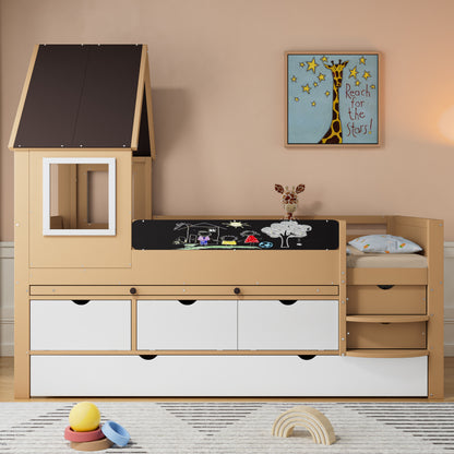 Etagenbett, Baumhausbett mit Schubladen und Ausziehbett, Mit Ausziehtisch, Reichlich Stauraum, Holzbett mit Fenster, Rahmen aus Kiefer, Graffiti-Tafel, Kiefer+MDF, weiß+Natur, 90x200&90*190cm