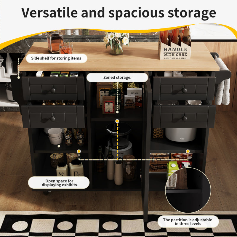 Moderne Kücheninsel (127×46×91,5cm) Küchenschrank Essschrank mit Holzmaserung Esswagen mit multifunktionalem Stauraum und herausnehmbaren Trennwänden, schwarz