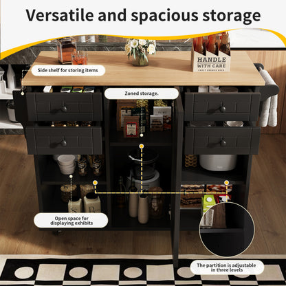Moderne Kücheninsel (127×46×91,5cm) Küchenschrank Essschrank mit Holzmaserung Esswagen mit multifunktionalem Stauraum und herausnehmbaren Trennwänden, schwarz