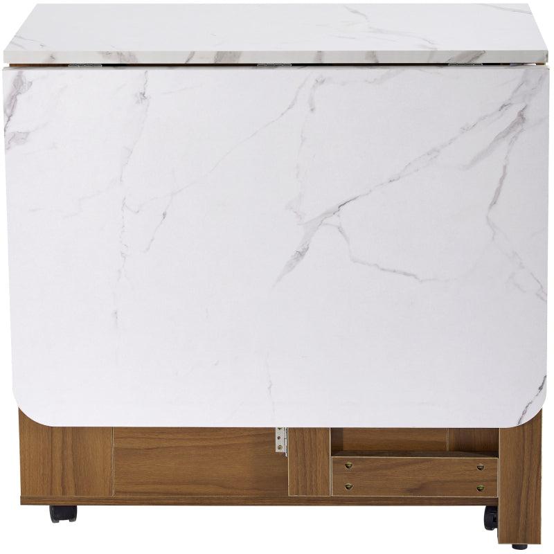 Ausziehbarer Bartisch mit Stauraum(110-124×78×97.5cm), für 2-6 Personen, Kücheninseln mit 2 Schubladen, 2 seitliche offene Regale und eingebaute Steckdose,Tischplatte aus weiß marmoriertem MDF,Braun