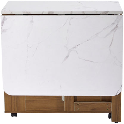 Ausziehbarer Bartisch mit Stauraum(110-124×78×97.5cm), für 2-6 Personen, Kücheninseln mit 2 Schubladen, 2 seitliche offene Regale und eingebaute Steckdose,Tischplatte aus weiß marmoriertem MDF,Braun