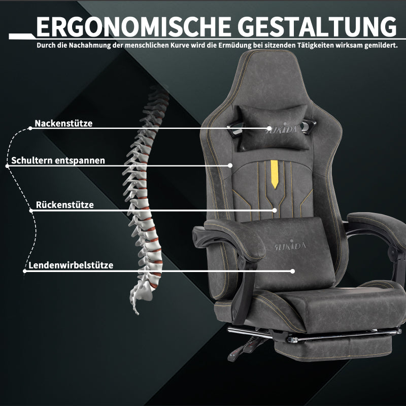 Gaming Stuhl Computerstuhl Ergonomischer Gaming Chair mit Fußstütze Bürostuhl Ergonomischer Computerstuhl mit Lendenwirbelstütze Grey