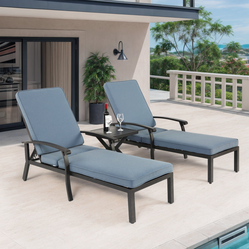 Lounge Patio Chair with Cotton Cushion, Adjustable Reclining Rust-Resistant Aluminum  Poolside Chaise Lounge Furniture, Waterproof Blue Cushion (1pc)