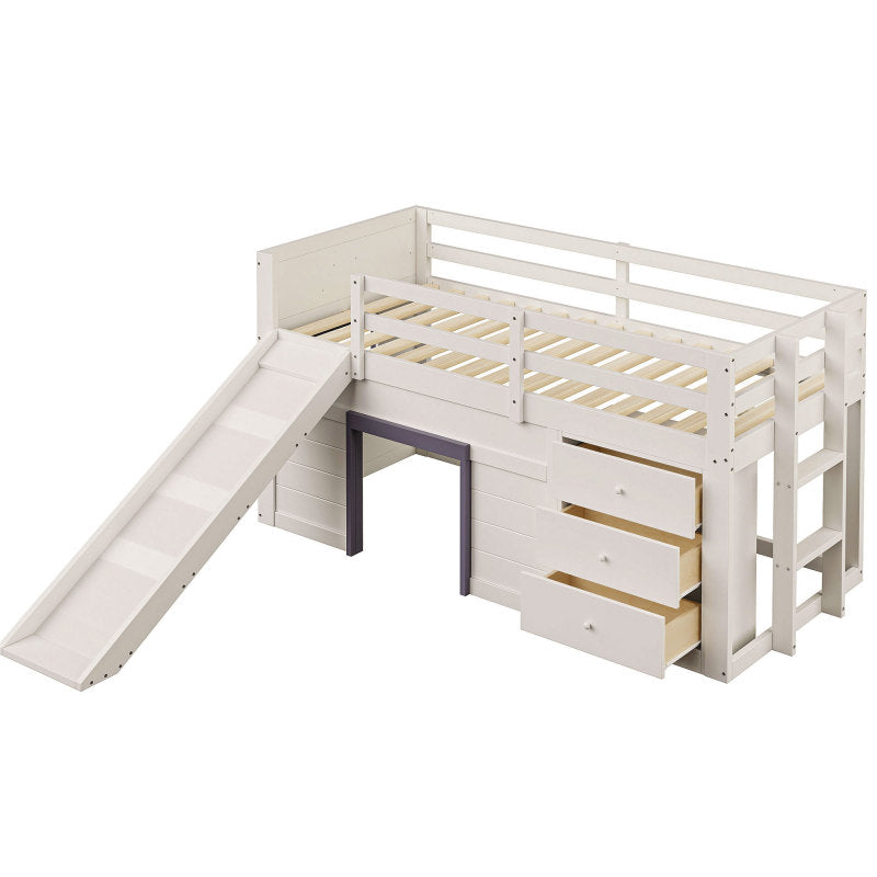 90 x 200 niedriges Hochbett mit Rutsche, drei Schubladen und zwei Türen, Creme
