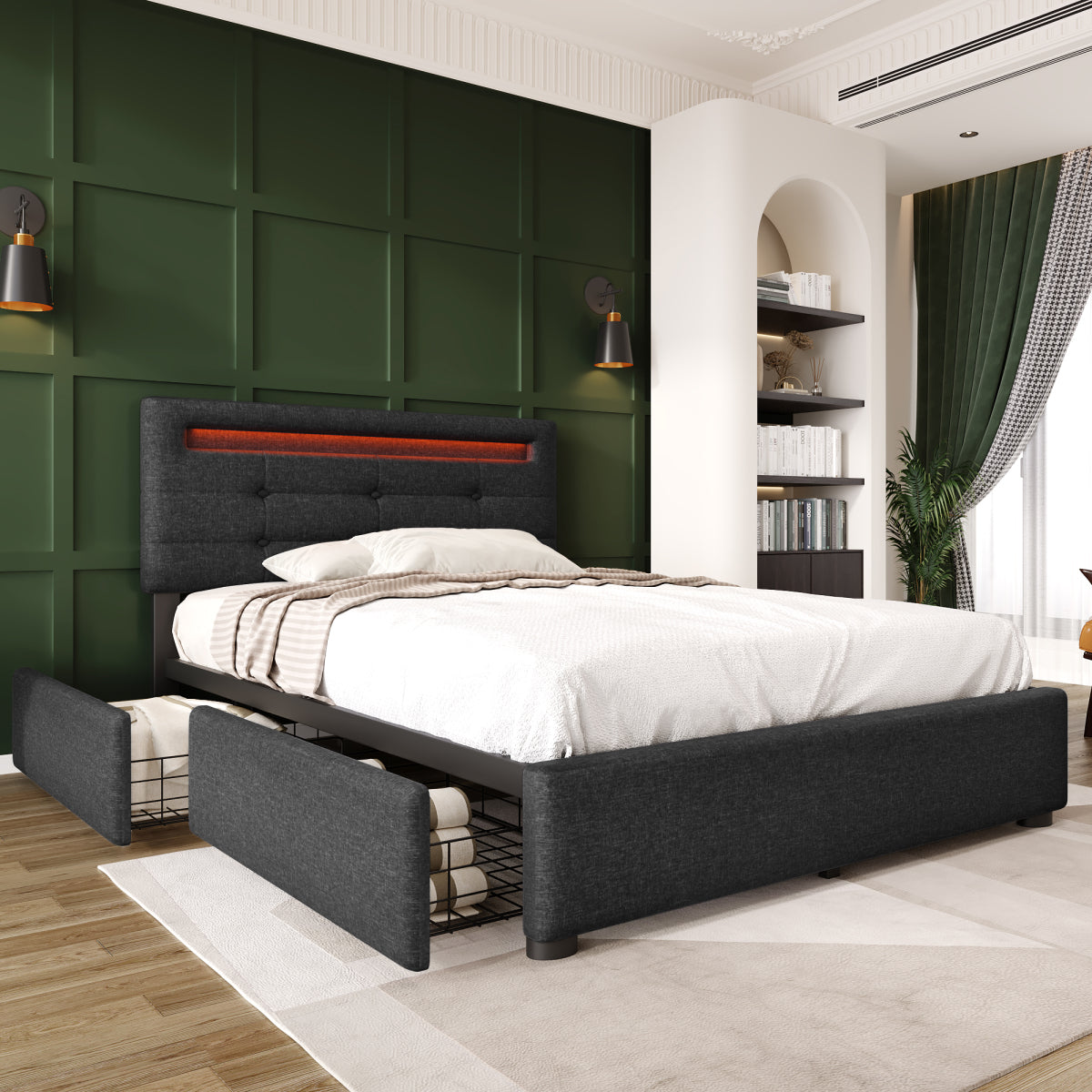 Polsterbett 90x200cm mit LED & 2 Schubladen - Einzelbett Grau, Verstellbares Kopfteil & Lattenrost - Modernes Bettgestell (Ohne Matratze)