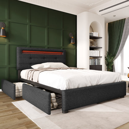 Polsterbett 90x200cm mit LED & 2 Schubladen - Einzelbett Grau, Verstellbares Kopfteil & Lattenrost - Modernes Bettgestell (Ohne Matratze)