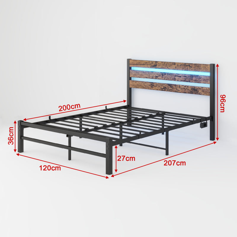 120x200cm Bettrahmen mit Kopfplatte, Metallbettrahmen mit USB-Ladestation, LED-Bettrahmen, Starke Stahlschicht-Unterstützung, Unter Bettlagerung, Keine Boxfeder erforderlich, Lärmfrei, Einfache Montag