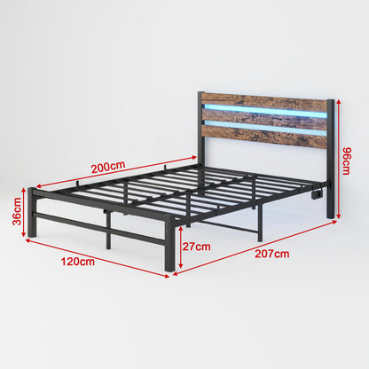 120x200cm Bettrahmen mit Kopfplatte, Metallbettrahmen mit USB-Ladestation, LED-Bettrahmen, Starke Stahlschicht-Unterstützung, Unter Bettlagerung, Keine Boxfeder erforderlich, Lärmfrei, Einfache Montag