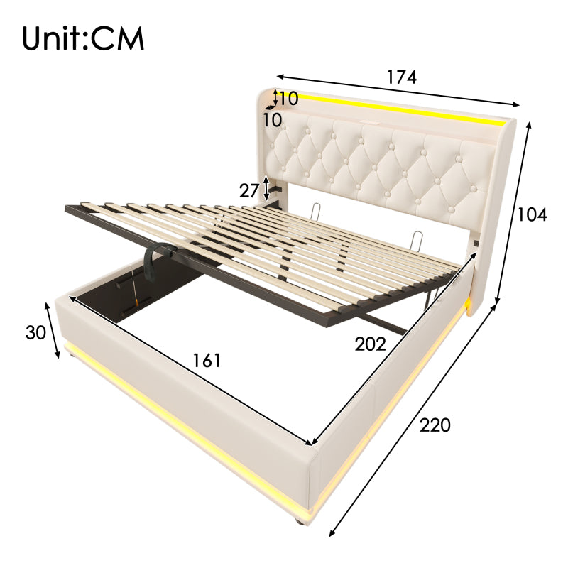 Polsterbett Doppelbett, 360-Surround-LED-Funktion, Drucktaste/App/Fernbedienung, 160*200 cm, weiß PU-Material Hydraulisches Lagerbett, gepolstertes Kopfteil mit USB Typ-C Ladefunktion (Mit Matratze)