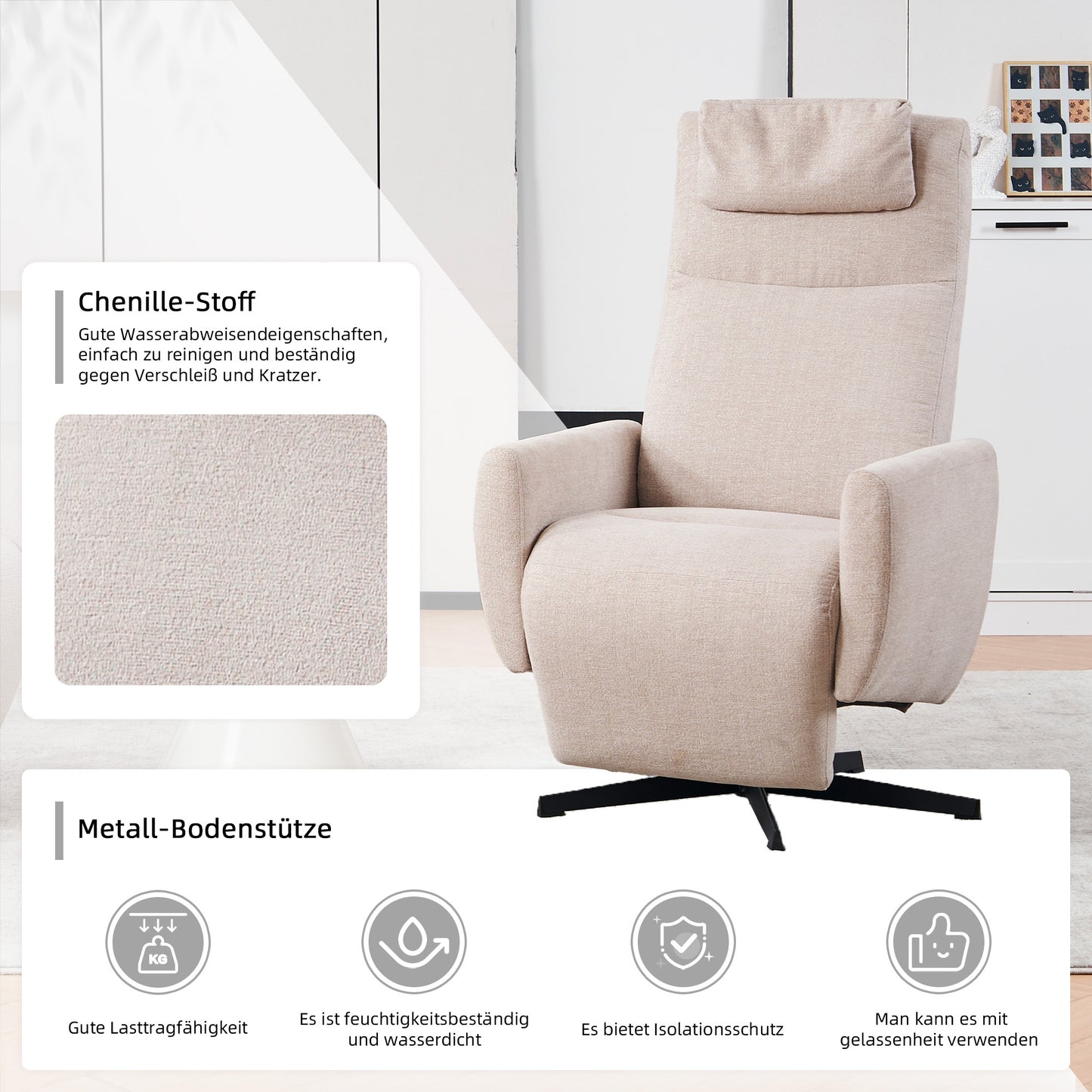 Bequemer Relaxsessel mit Liegefunktion – Chenille Fernsehsessel mit Fußstütze, drehbarer Stillsessel & Loungesessel für Wohnzimmer, modernes Sofa, Grau