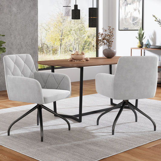 2er Set 360° Drehbarer Esszimmerstühle mit Rautenmuster,Gepolsterter Sessel mit 4 Metallbeinen,Moderner Lounge-Stuhl,Wohnzimmerstuhl für Shlafzimmer,Arbeitzimmer,Lendenwirbelstütze,Samt,Grau