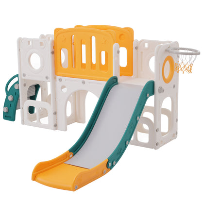 Bären Kinder 6-in-1 Rutsche mit einer Rutsche, zwei Plattformen, zwei Bodenschrankfächern, Basketballkorb und Treppe - Hochdichtes Polyethylen (Ozeanbälle nicht enthalten