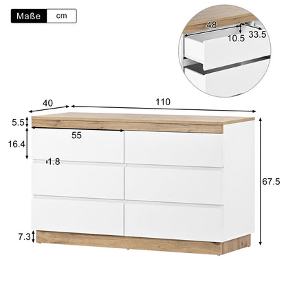 Kommode mit 6 Schubladen, Schließfach,Funktion von Aufbewahrung, für Schlafzimmer und Wohnzimmer, E1-Spanplatte, weiß+oak