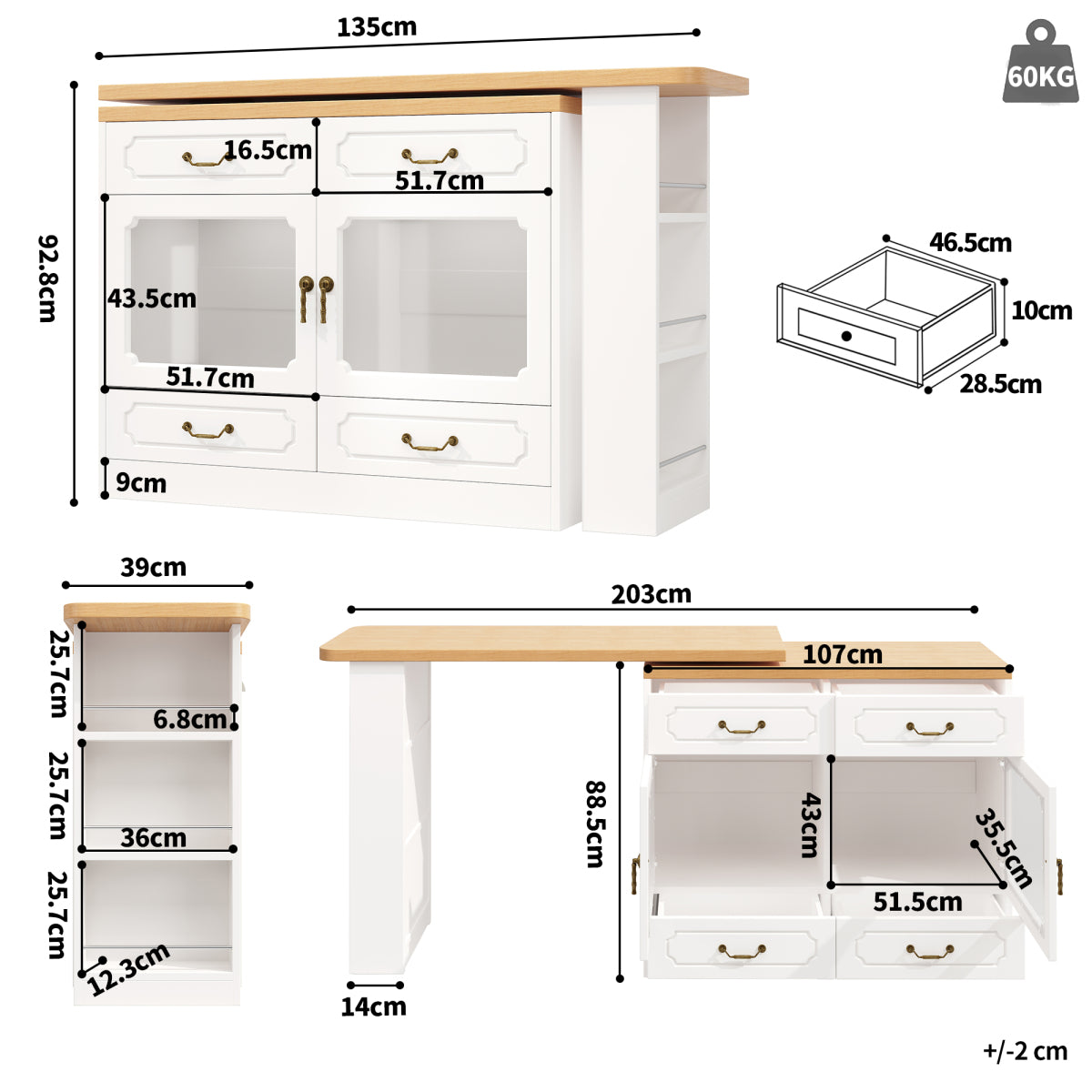 Bartisch ausziehbar 135-203cm, 360° drehbarer Stehtisch mit App-LED-Steuerung & Musik-Modus, Weißer Hochtisch mit 4 Schubladen & Regal