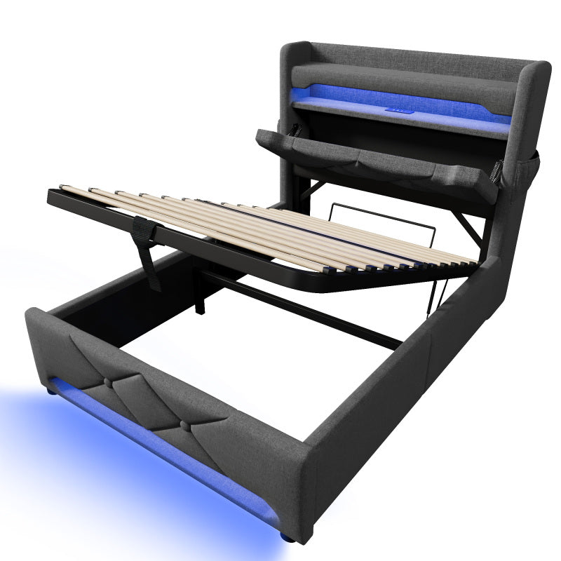 Polsterbett Einzelbett 90*200, Stauraum Kopfteil mit USB und Typ C-Port ,360-Surround-LED-Funktion rund um Kopf- und Fußende des, Betten mit Hydraulisch Stauraum, Grau , Leinen(Ohne Matratze)
